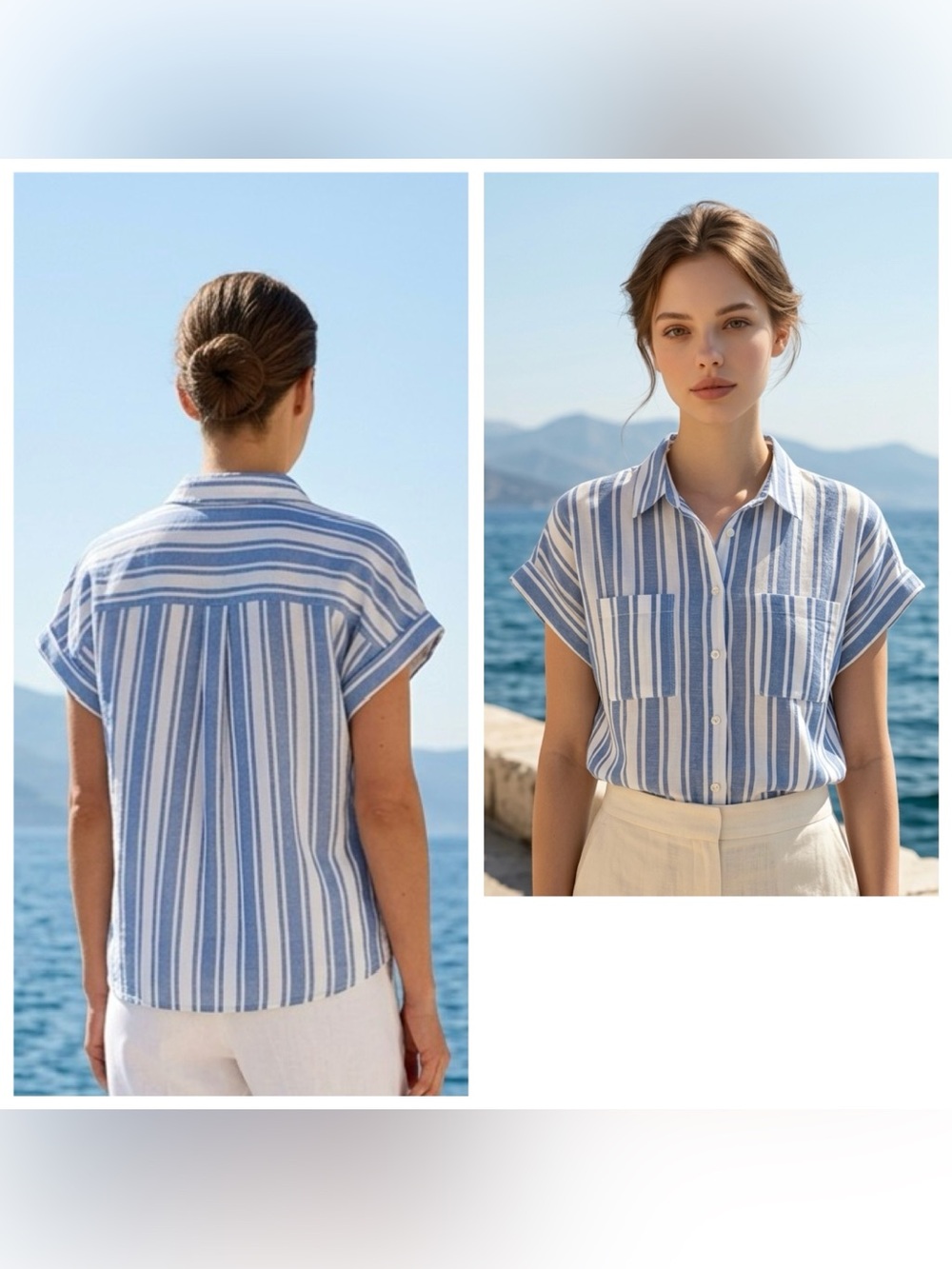 Seven7 Women Sz L Striped Short-Sleeve Button-Up Boxy Shirt - Blue/White pockets
